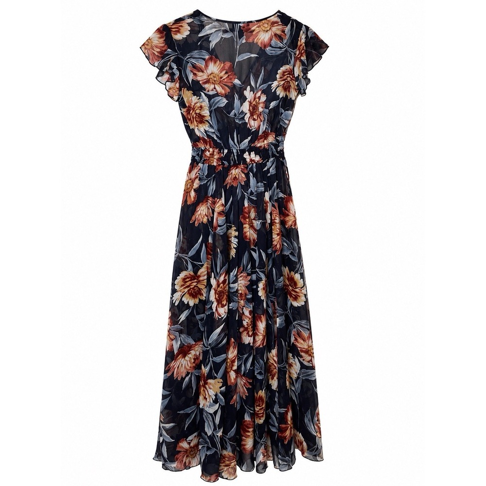 Alexa B Nites Petite 6P Navy Floral Maxi Dress V Neck Flutter Sleeve Formal - Picture 3 of 7